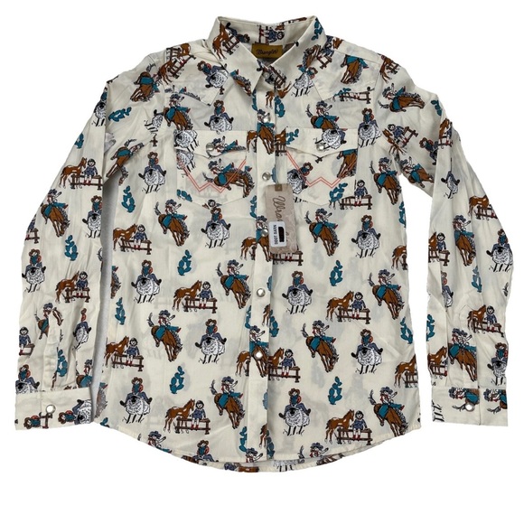 WRANGLER GIRLS L LONG SLEEVE COWGIRL BRONCO BUSTING WESTERN PEARL SNAP NWT - Picture 1 of 13